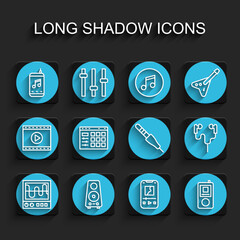 Set line Oscilloscope, Stereo speaker, Music player, Drum machine, Air headphones and Audio jack icon. Vector