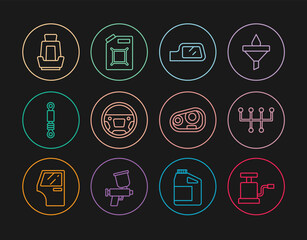 Set line Car air pump, Gear shifter, mirror, Steering wheel, Shock absorber, seat, headlight and Canister for gasoline icon. Vector