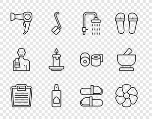 Set line Bathroom scales, Flower, Shower, Spray can for hairspray, Hair dryer, Aroma candle, Sauna slippers and Mortar pestle icon. Vector