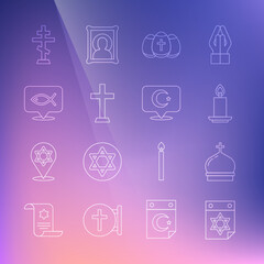 Set line Jewish calendar, Church tower, Burning candle, Easter egg, Christian cross, fish, and Star crescent icon. Vector