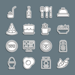 Set line Hot chili pepper pod, Salt, Nachos in plate, Fork, spoon and knife, Cake, Slice of pizza, Kitchen ladle and Coffee cup icon. Vector