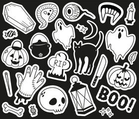 Set of halloween scary stickers made in flat style. Sticker sketches, black and white style, vector.
