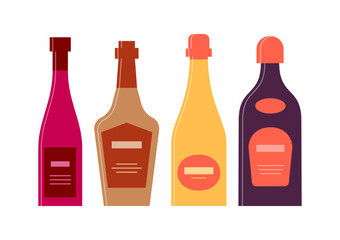 Set bottles of red wine, brandy, champagne, liquor. Icon bottle with cap and label. Great design for any purposes. Flat style. Color form. Party drink concept. Simple image shape