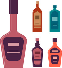 Set bottles of liquor brandy vodka balsam rum. Icon bottle with cap and label. Graphic design for any purposes. Flat style. Color form. Party drink concept. Simple image shape