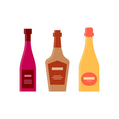 Set bottles of red wine whiskey champagne. Icon bottle with cap and label. Great design for any purposes. Flat style. Color form. Party drink concept. Simple image shape