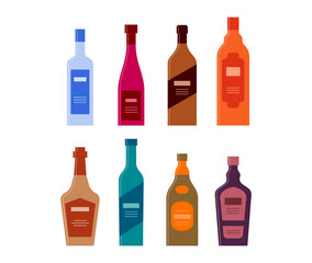 Set bottles of vodka wine rum balsam whiskey gin brandy liquor. Icon bottle with cap and label. Graphic design for any purposes. Flat style. Color form. Party drink concept. Simple image shape