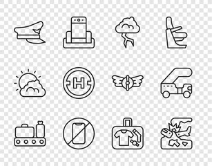 Set line Conveyor belt with suitcase, Plane crash, Storm, No cell phone, Pilot hat, Helicopter landing pad, Suitcase and Passenger ladder icon. Vector
