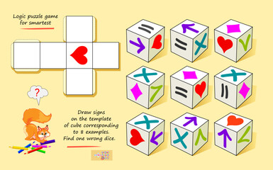 Logic game for smartest. Draw signs on the template of cube corresponding to 8 examples. Find one wrong dice. 3D puzzle. Play online. Developing spatial thinking. Page for brain teaser book. IQ test. - obrazy, fototapety, plakaty