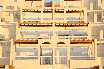 Front view of white apartments  sunset near the beach in Mojacar, Almeria. Spain