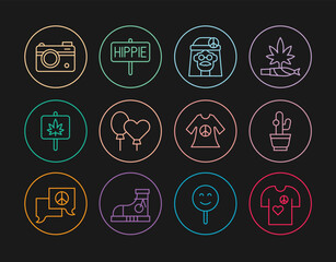 Set line Peace t-shirt print stamp, Cactus, Hippie girl, Balloons, Marijuana, Photo camera, dress and icon. Vector