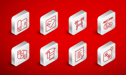 Set line Fitness app, Heart rate, Bench with barbell, Barbell, Sport training program, mat roll, Towel on hanger and Socks icon. Vector