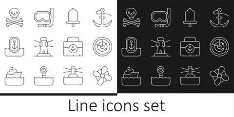 Set line Boat propeller, Radar with targets, Ship bell, Lighthouse, Location anchor, Skull crossbones, First aid kit and Diving mask and snorkel icon. Vector