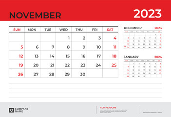 Desk Calendar 2023 design, November 2023 template, week start on sunday, Planner design, Wall calendar 2023  layout, stationery, Desk office, organizer office, vector eps10