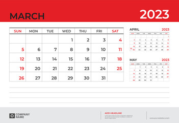 Desk Calendar 2023 design, March 2023 template, week start on sunday, Planner design, Wall calendar 2023  layout, stationery, Desk office, organizer office, vector eps10