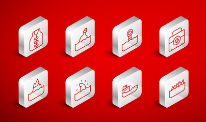 Set line Sharp stone reefs, Bottle with message in water, Periscope, First aid kit, Cargo ship, Life jacket, Shark fin ocean wave and Iceberg icon. Vector