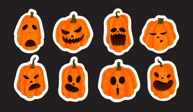 Jack O'Lantern Sticker Pack. Carved Face Pumpkin With Different Emotions. Angry, Skeptical, Surprised, Sad, Stupid, Displeased Pumpkin Face