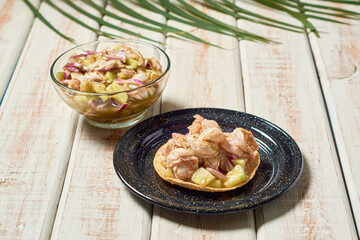 Aguachile, shrimp dish in lemon juice and green sauce, mexican seafood.