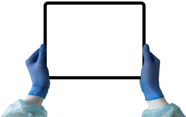 Hands in medical gloves hold a digital tablet