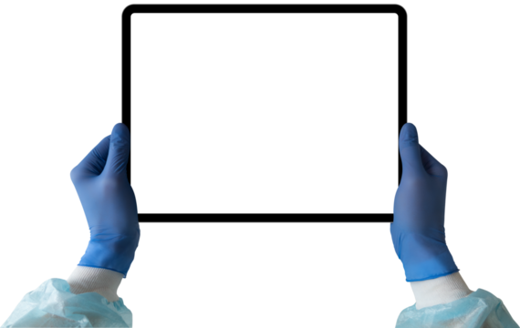 Hands in medical gloves hold a digital tablet