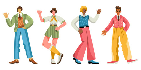 Diverse cheerful men in retro 1960s or 1970s clothes walking, standing, waving hands