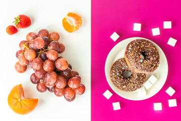 Healthy and unhealthy food, flat layer, two-color background, chocolate donuts with sprinkles on a fuchsia background, juicy and delicious fruit on white, natural sugar vs harmful processed
