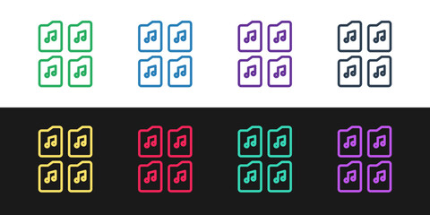 Set line Music file document icon isolated on black and white background. Waveform audio file format for digital audio riff files. Vector