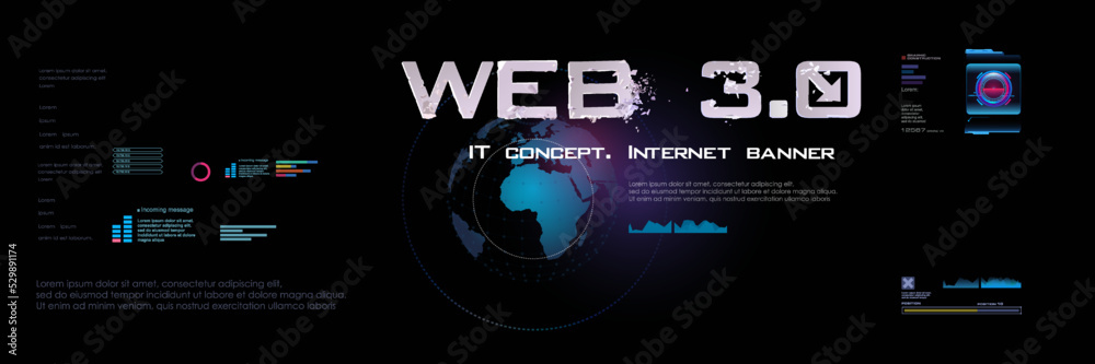 Poster web 3.0 conceptual cyber banner with globe and new generation internet sharing information. internet
