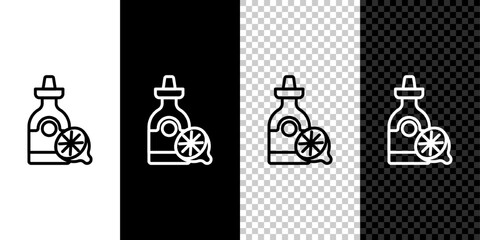 Set line Tequila bottle with lemon icon isolated on black and white, transparent background. Mexican alcohol drink. Vector