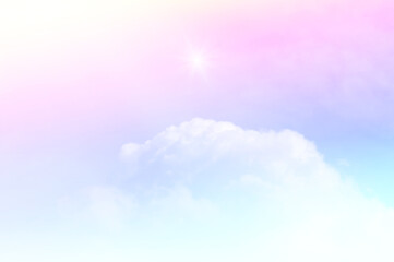 Pastel sky with soft white clouds. Fantastic color fantasy background. Sweet dreams concept for wallpaper, backdrop and design.