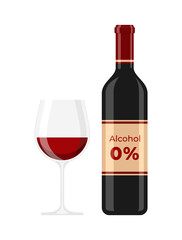 A bottle and a glass of non-alcoholic wine on a white background. Flat vector illustration
