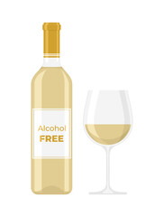 A bottle and a glass of non-alcoholic white wine on a white background. Flat vector illustration