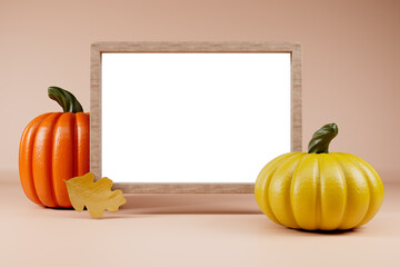 Wooden empty frame yellow and orange pumpkins with oak leave Happy Thahksgiving template 3d render.