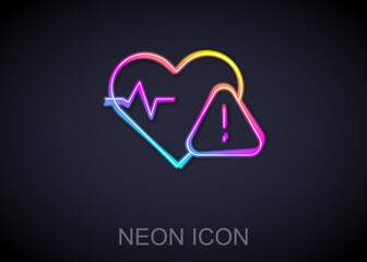 Glowing neon line Heart rate icon isolated on black background. Heartbeat sign. Heart pulse icon. Cardiogram icon. Vector