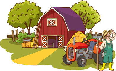 Obraz na płótnie Canvas cartoon vector illustration of a cute farmer standing in front of his farmhouse.
