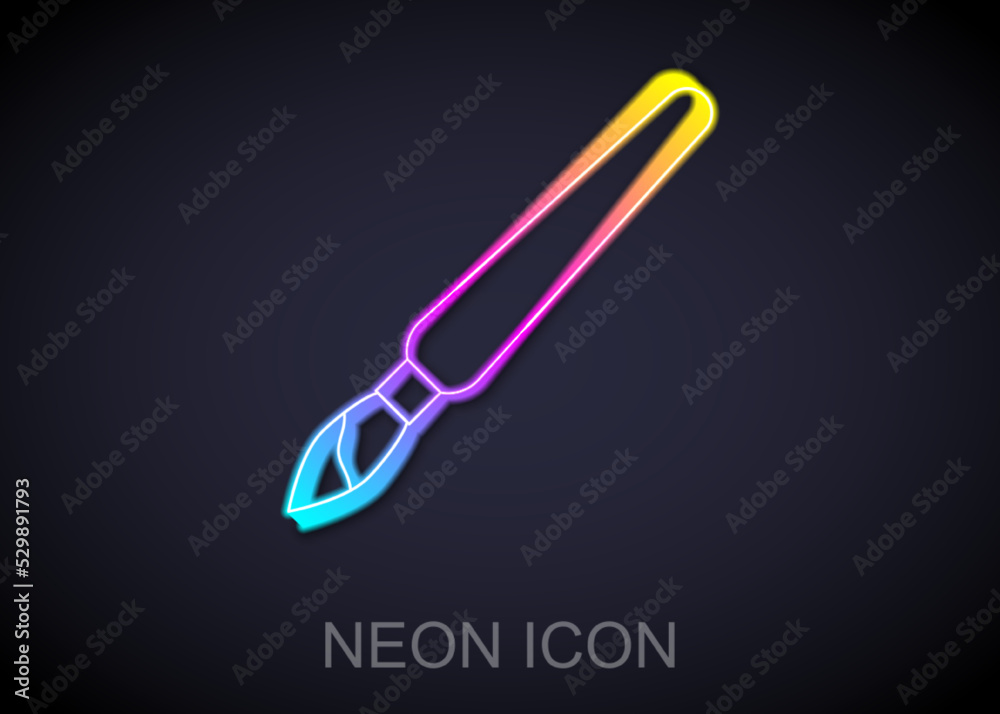 Poster glowing neon line paint brush icon isolated on black background. vector