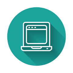 White line Laptop with browser window icon isolated with long shadow background. Computer notebook with empty screen sign. Green circle button. Vector
