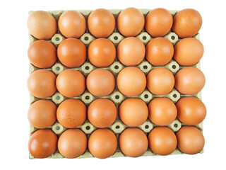 Cardboard box of brown chicken eggs top view isolated transparent png