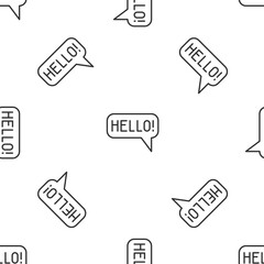Grey line Hello in different languages icon isolated seamless pattern on white background. Speech bubbles. Vector