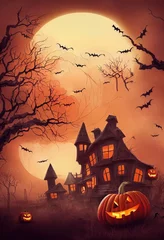 Foto auf Glas Halloween design with houses, bats, silhouettes, pumpkins illustration. Generative AI © Nika
