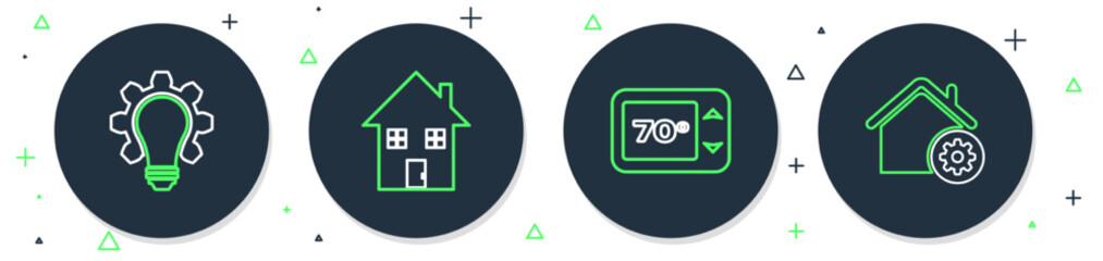 Set line House under protection, Thermostat, Light bulb and gear and Smart home settings icon. Vector