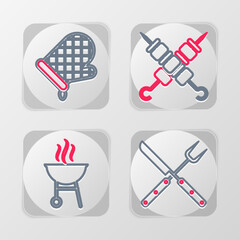 Set line Crossed fork and knife, Barbecue grill, Grilled shish kebab and Oven glove icon. Vector