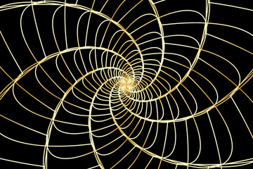 Abstract wireframe tunnel. The gold line rotates flower on the black background. Vector illustration.