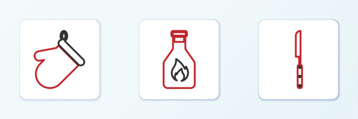 Set line Barbecue knife, Oven glove and Ketchup bottle icon. Vector