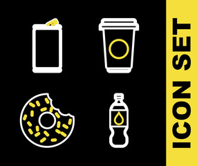 Set line Coffee cup, Bottle water, Donut and Aluminum can icon. Vector