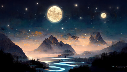 moon over the mountains illustration for books and stories
