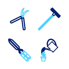 Set line Watering can, Gardening handmade scissor, rake and icon. Vector