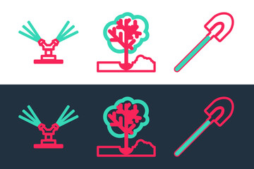 Set line Garden shovel, Automatic irrigation sprinklers and saw icon. Vector