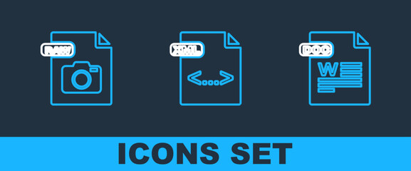 Set line DOC file document, RAW and XML icon. Vector