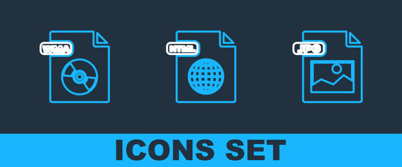 Set line JPG file document, WMA and HTML icon. Vector