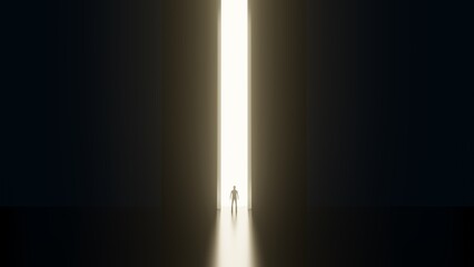 A large door opens a glowing passage to a person.